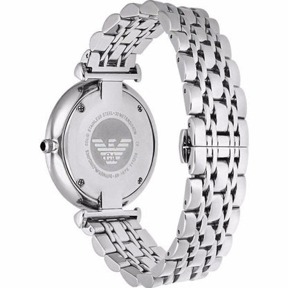 AR1676 caseback displaying stainless steel construction with Emporio Armani eagle logo engraving