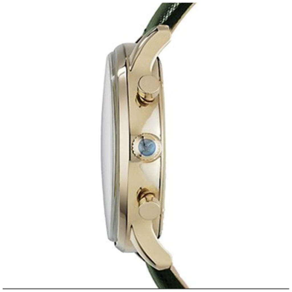 Emporio Armani AR1722 side profile showing case thickness, green leather strap, and chronograph pushers