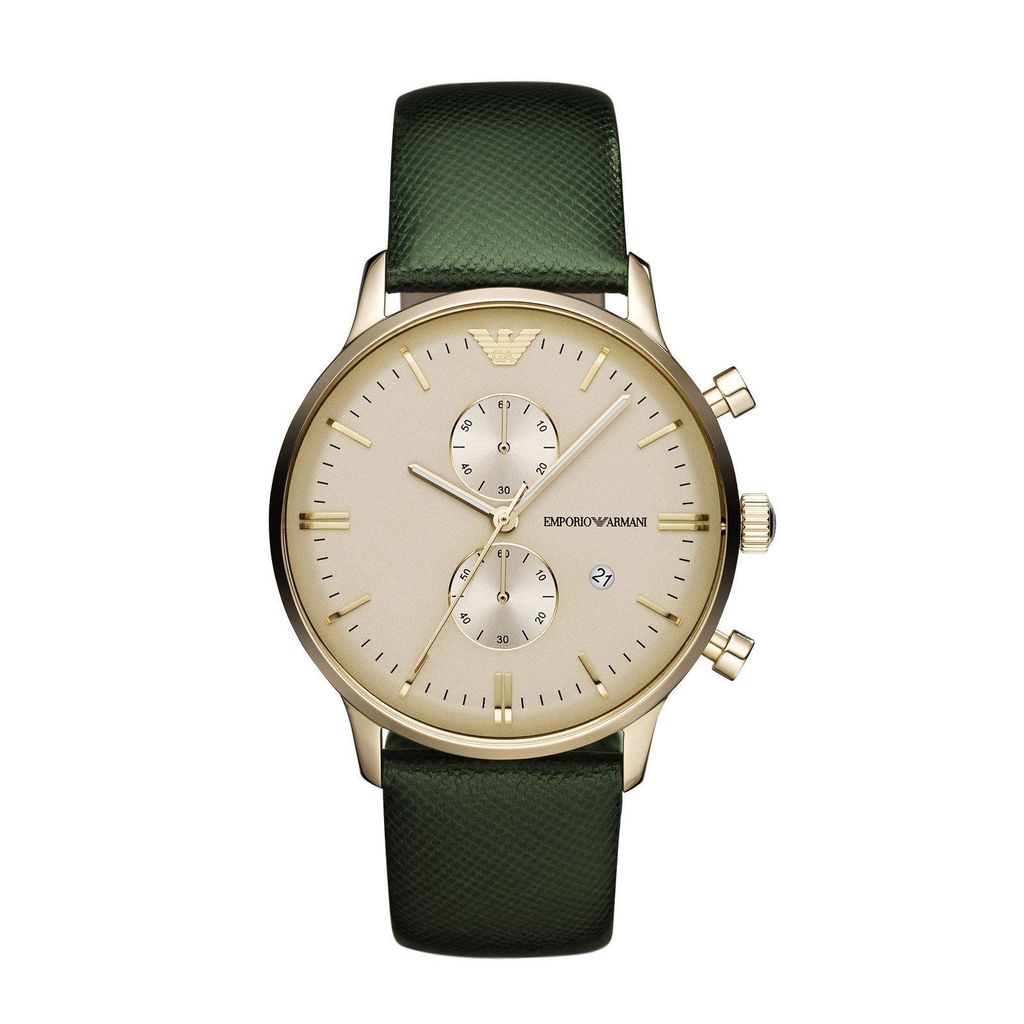 Emporio Armani AR1722 green leather men's chronograph watch with cream dial and gold-tone case