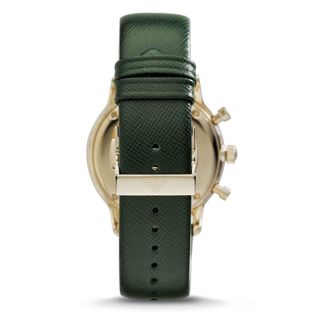 Emporio Armani AR1722 watch showing back of green leather strap and gold-tone case side view