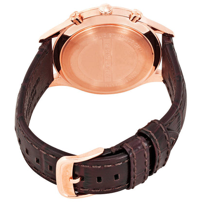 Rose gold caseback of Emporio Armani AR1890 watch with brown leather strap