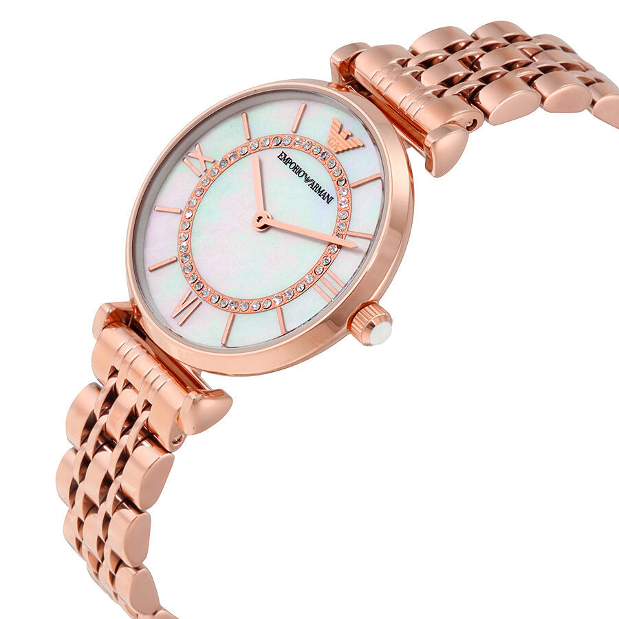 Emporio Armani AR1909 angled view showing mother-of-pearl dial and rose gold bracelet