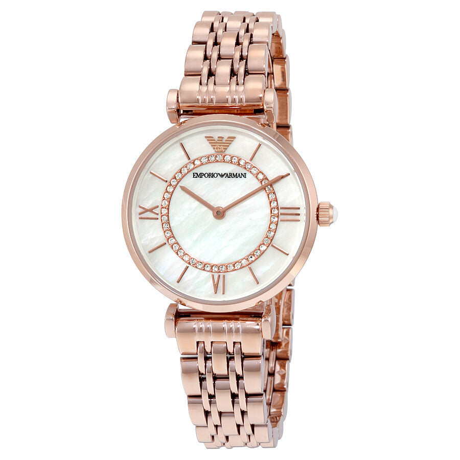 Emporio Armani AR1909 ladies watch with rose gold case, mother-of-pearl dial and Roman numerals