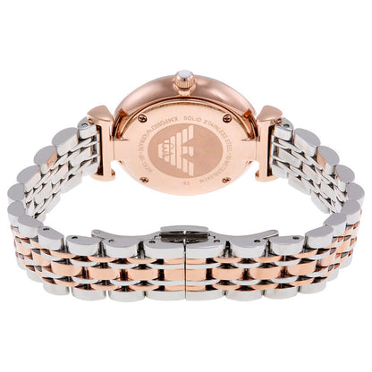 Caseback view of Emporio Armani AR1926 showing rose gold case with two-tone stainless steel bracelet