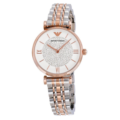 Emporio Armani AR1926 women's watch with white crystal pave dial, two-tone bracelet, and rose gold accents