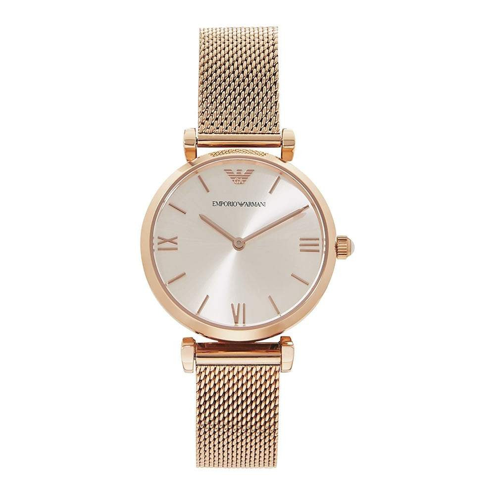 Emporio Armani AR1956 rose gold-tone ladies watch with silver dial and mesh strap