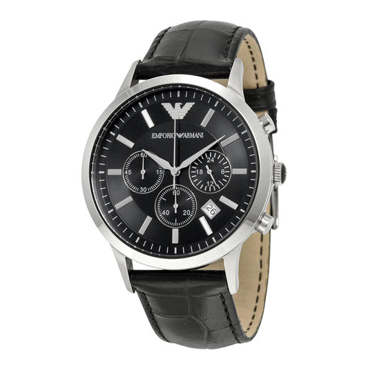 Emporio Armani AR2447 chronograph watch with black dial and silver-tone case on black leather strap