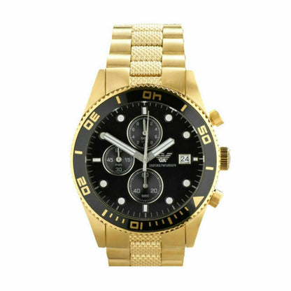 Angled view of Emporio Armani AR5857 gold chronograph watch showing dial and bezel detail
