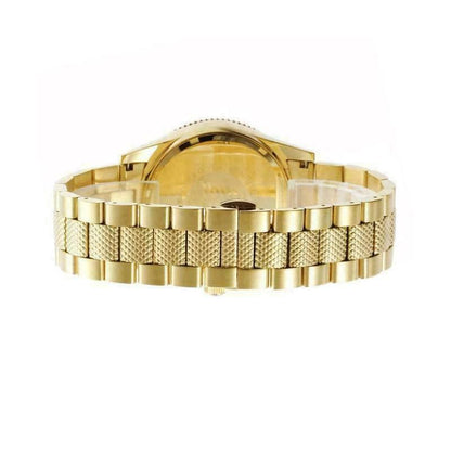 Back view of Emporio Armani AR5857 watch showing gold-tone stainless steel bracelet and caseback