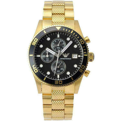 Emporio Armani AR5857 gold chronograph watch with black dial and three subdials
