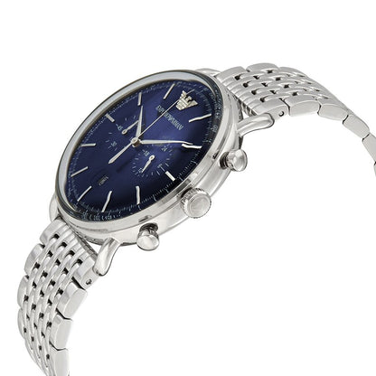 Emporio Armani Aviator Chronograph angled view showing silver bracelet and blue dial