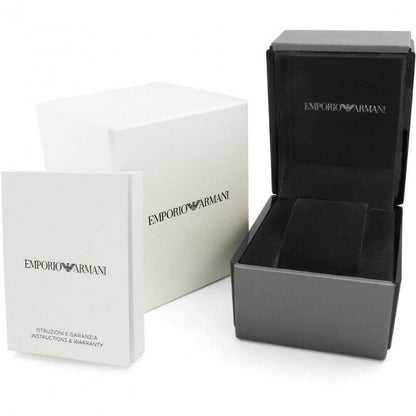 Emporio Armani Aviator Chronograph packaging with black and white boxes