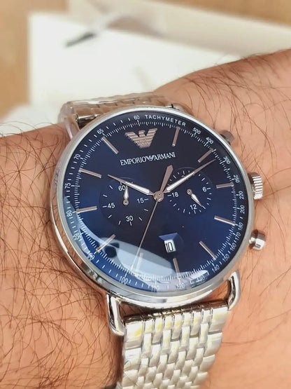 Emporio Armani Aviator Chronograph worn on wrist with blue dial visible