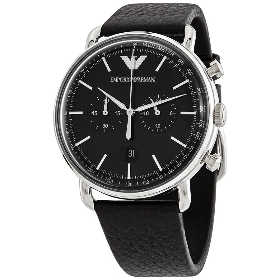 Emporio Armani Aviator chronograph with black dial, silver case, and black leather strap