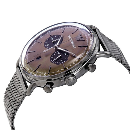 Emporio Armani Aviator Chronograph Brown Dial Silver Mesh Men's Watch - AR11141