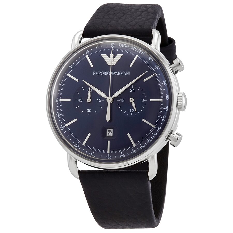 Emporio Armani Aviator Chronograph Blue Dial Navy Blue Genuine Leather Men's Watch - AR11105