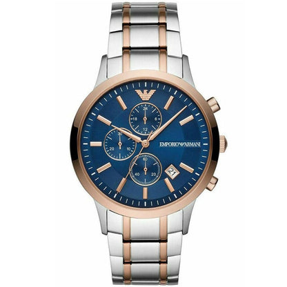 Emporio Armani AR80025 chronograph watch with blue dial and rose gold and silver two-tone bracelet