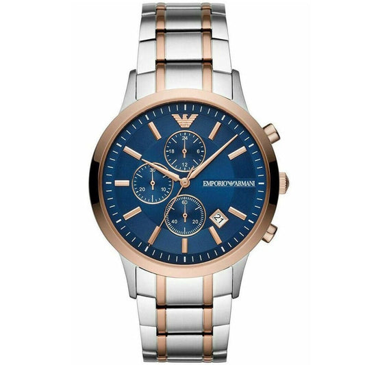 Emporio Armani AR80025 chronograph watch with blue dial and rose gold and silver two-tone bracelet