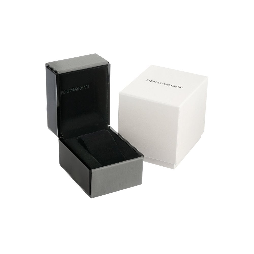 Emporio Armani AR80025 watch packaging showing branded white outer box and black inner case