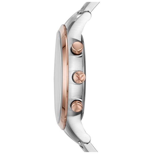 Side view of Emporio Armani AR80025 showing rose gold bezel and chronograph pushers