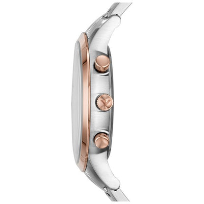 Side view of Emporio Armani AR80025 showing rose gold bezel and chronograph pushers