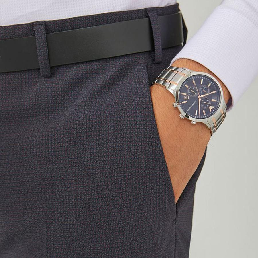 Emporio Armani AR80025 chronograph watch worn on wrist in formal business attire