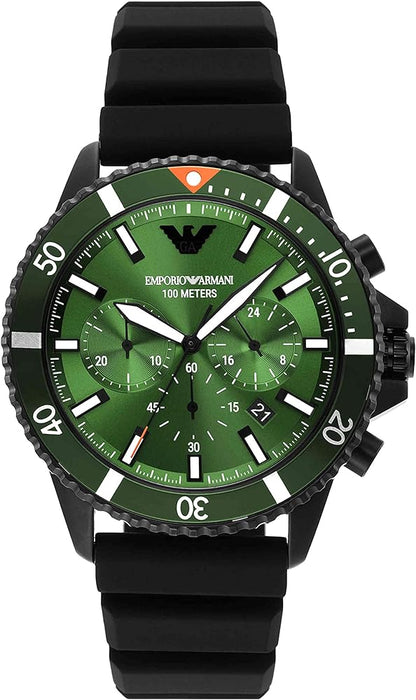 Emporio Armani Diver Chronograph Green Dial Black Silicone Men's Watch - AR11463