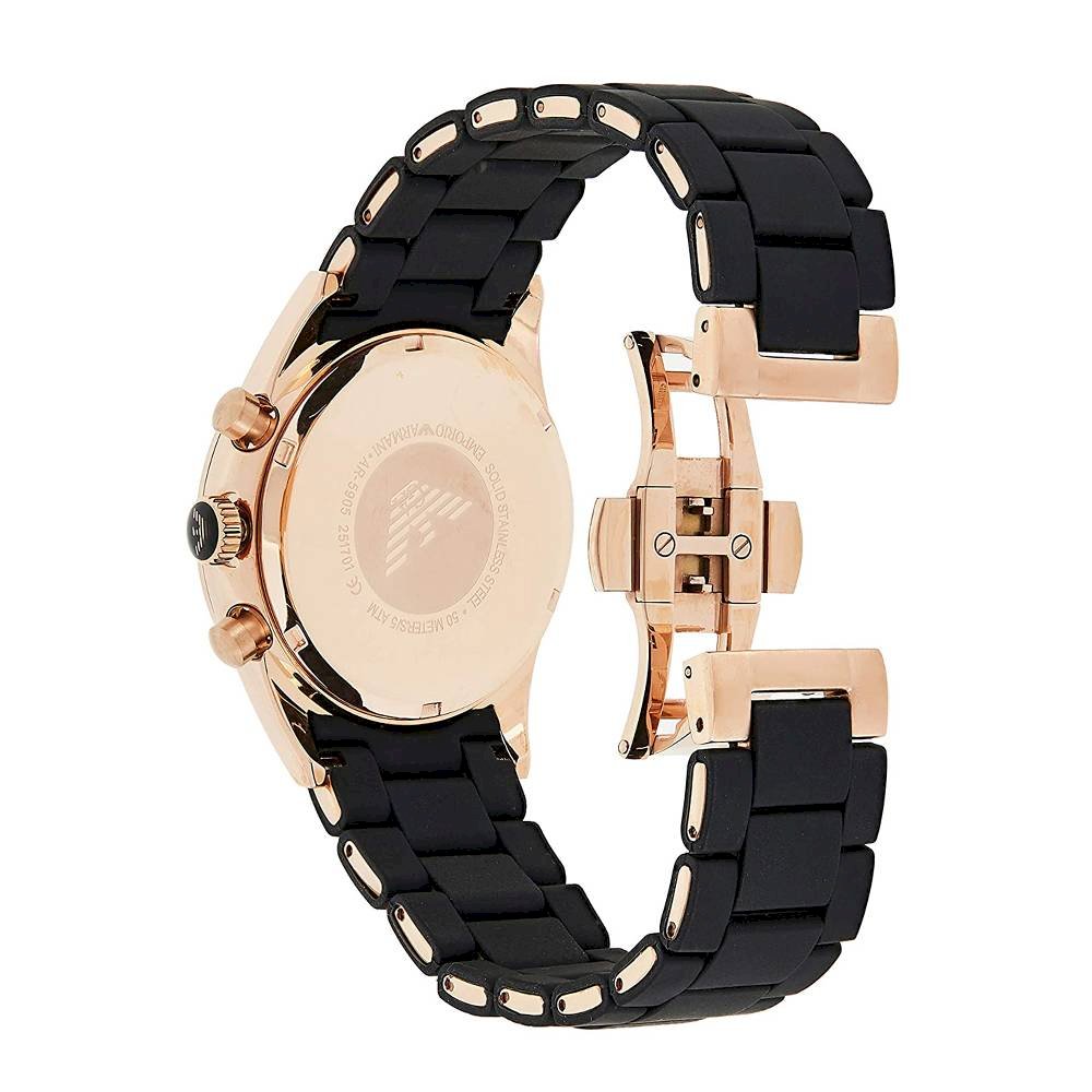 Case back view of AR5905 showing rose gold case and black rubber strap