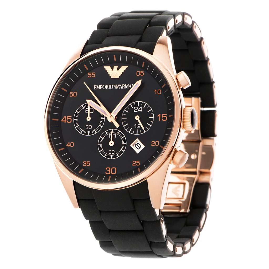 Emporio Armani AR5905 rose gold chronograph with black dial and rubber strap