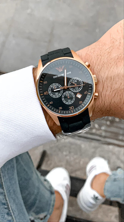 Emporio Armani AR5905 chronograph timepiece on wrist showing dial and subdials