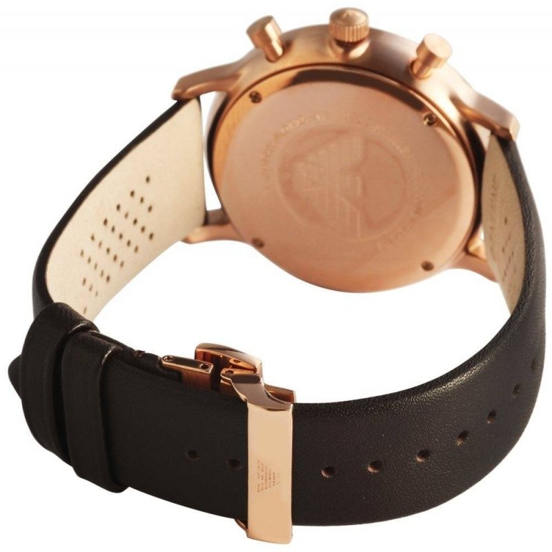 Caseback view of Emporio Armani AR0398 with rose gold cover and brown leather strap detail
