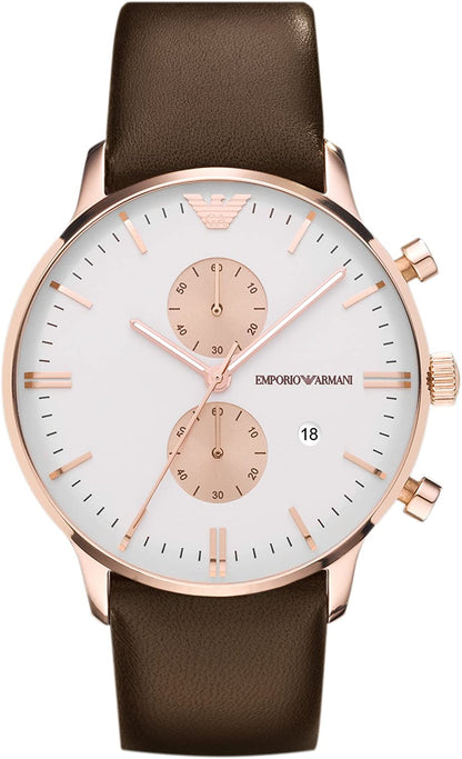 Emporio Armani Classic AR0398 chronograph watch with rose gold case, white dial, and brown leather strap