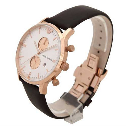 AR0398 watch shown at angle displaying rose gold chronograph pushers and black leather strap
