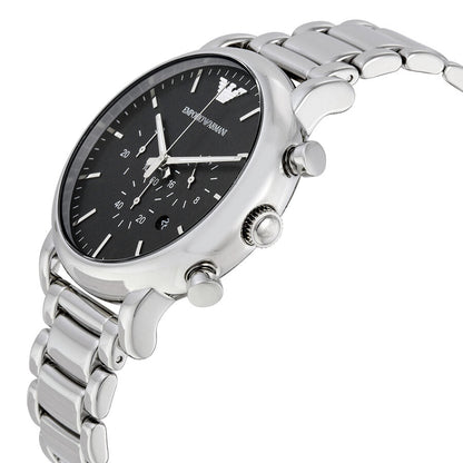 Side angle view of Emporio Armani AR1894 showing chronograph pushers and stainless steel strap