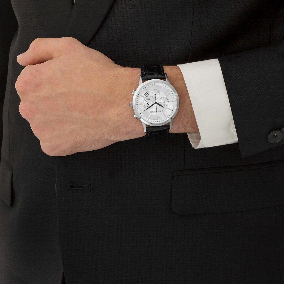 Emporio Armani Classic Chronograph AR2432 worn on wrist with silver dial and black strap