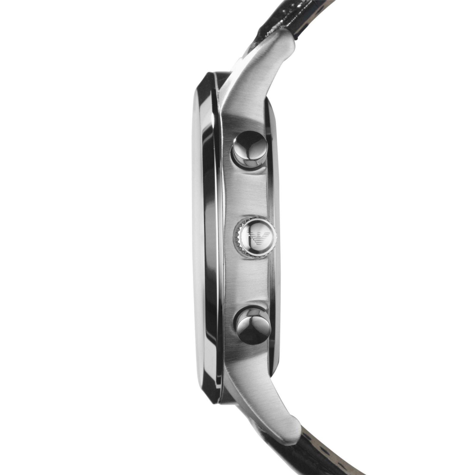 Side profile of Emporio Armani AR2432 showing stainless steel case and chronograph pushers