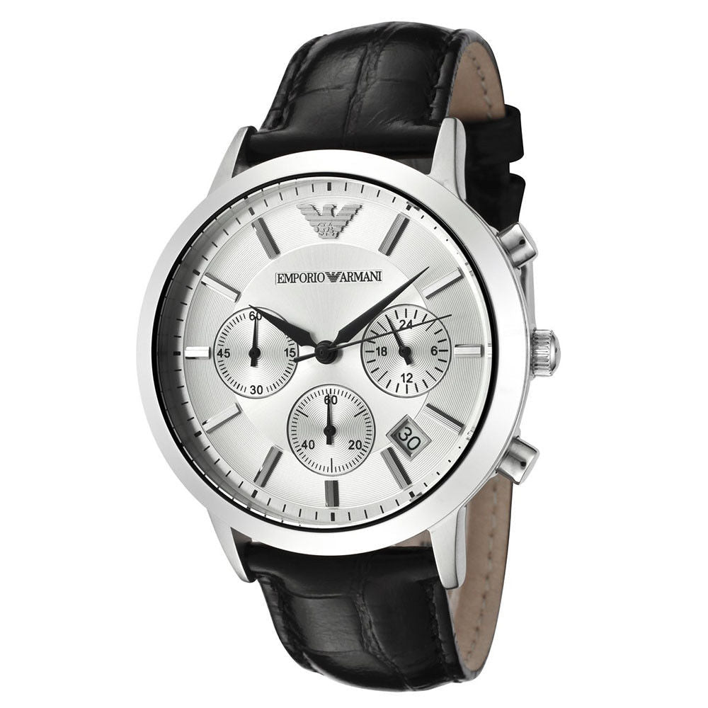 Emporio Armani Classic Chronograph silver dial men's watch with black leather strap