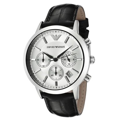 Emporio Armani Classic Chronograph silver dial men's watch with black leather strap
