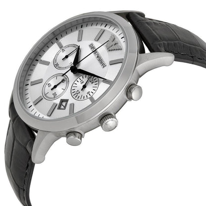 Emporio Armani AR2432 chronograph watch at angle showing silver dial and leather strap