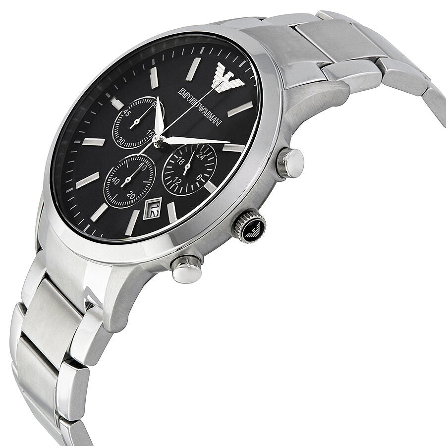 Emporio Armani AR2434 chronograph watch shown at angle with stainless steel bracelet and black chronograph dial