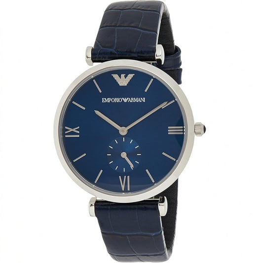 Emporio Armani Gianni AR11300 men's watch with navy blue dial and Roman numerals on navy leather strap