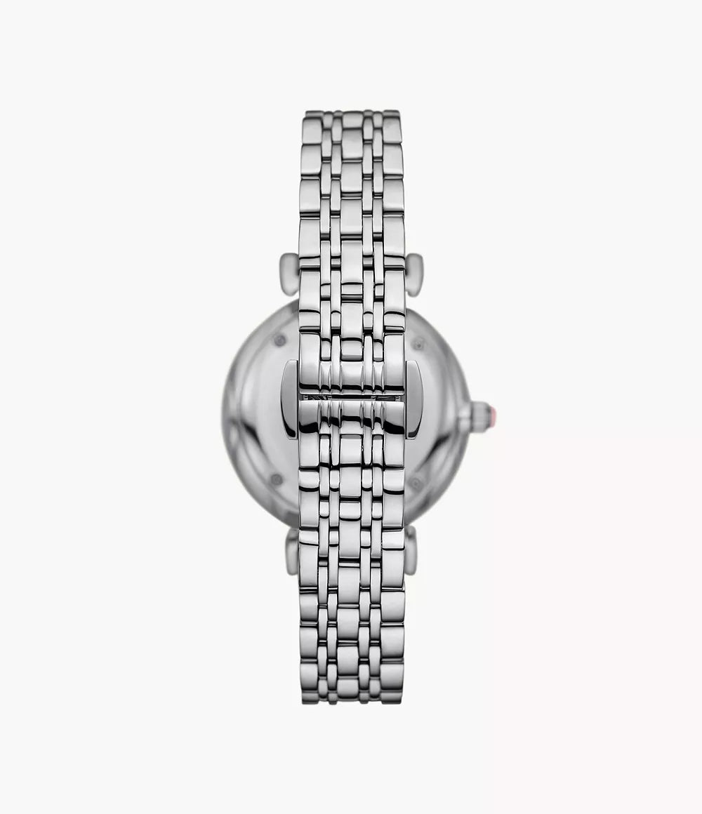 Angled view of Emporio Armani Gianni T-Bar watch displaying case and bracelet detail