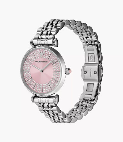 Three-quarter view of Emporio Armani Gianni T-Bar watch on wrist display stand