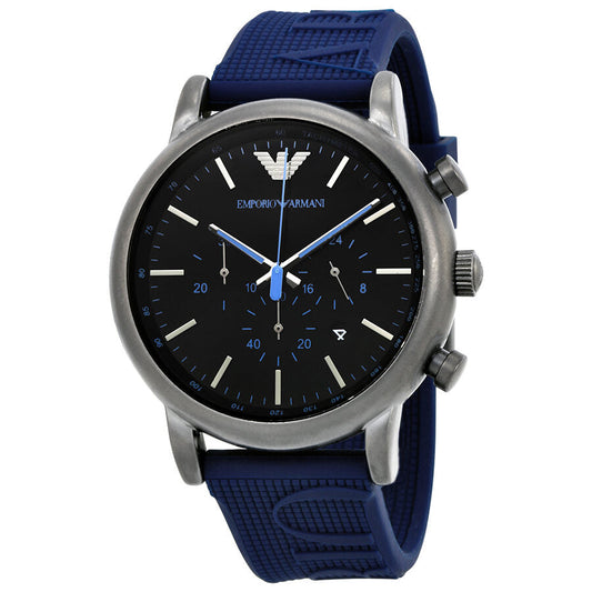 Emporio Armani Luigi chronograph men's watch with black dial and navy blue silicone strap