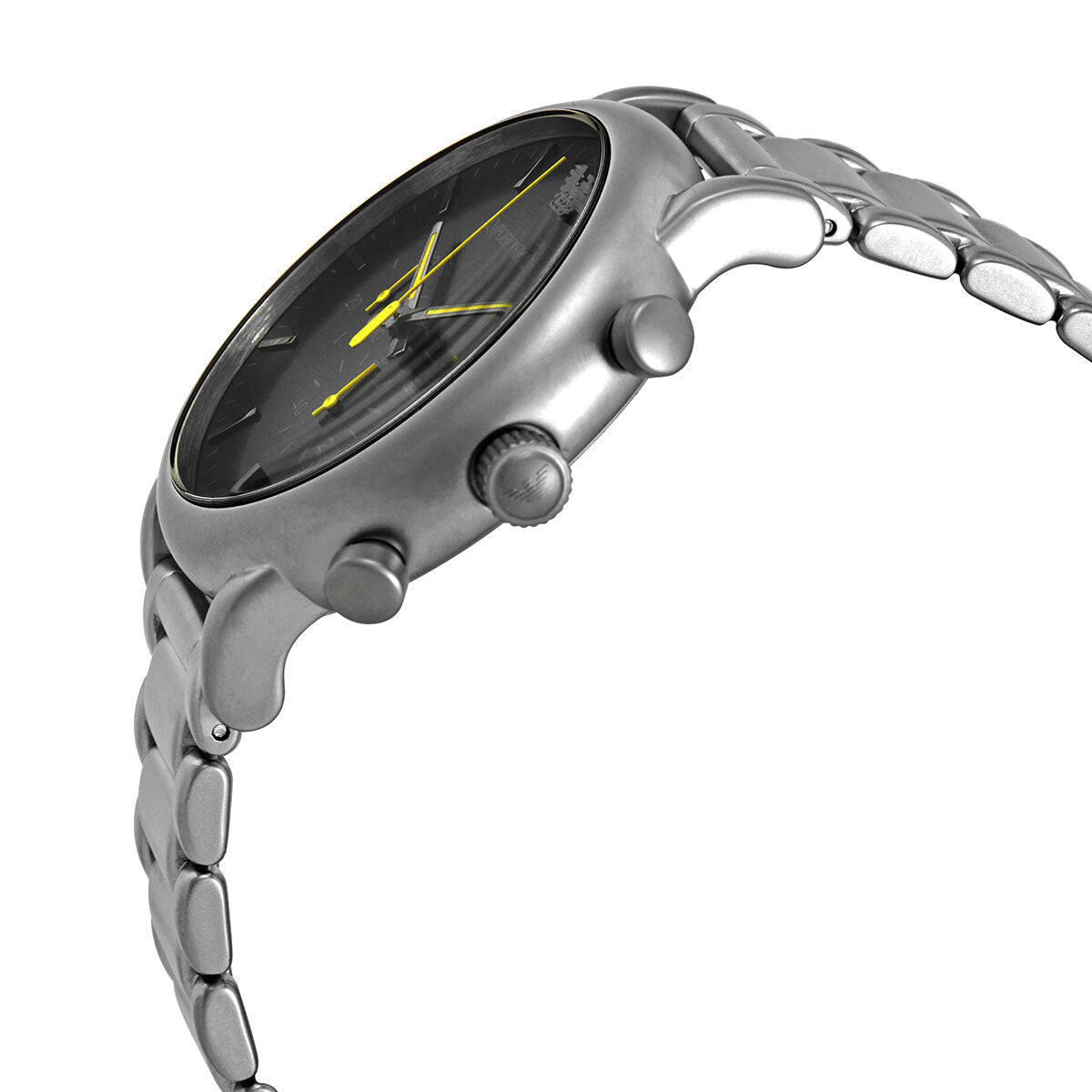 Side angle view of Emporio Armani Luigi watch showing stainless steel case and chronograph pushers