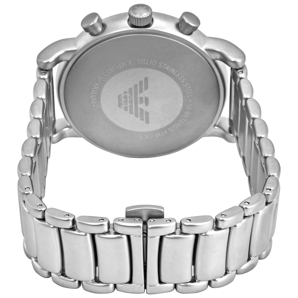 Caseback of Emporio Armani Luigi watch displaying Emporio Armani eagle logo and stainless steel bracelet