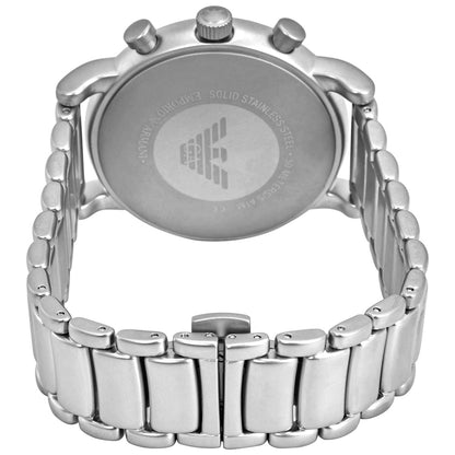 Caseback of Emporio Armani Luigi watch displaying Emporio Armani eagle logo and stainless steel bracelet