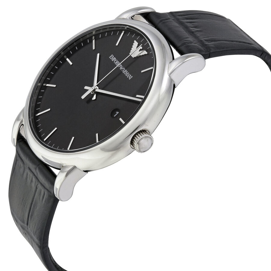 Emporio Armani Luigi watch shown from side angle with black dial and leather strap