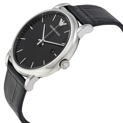 Emporio Armani Luigi watch shown from side angle with black dial and leather strap