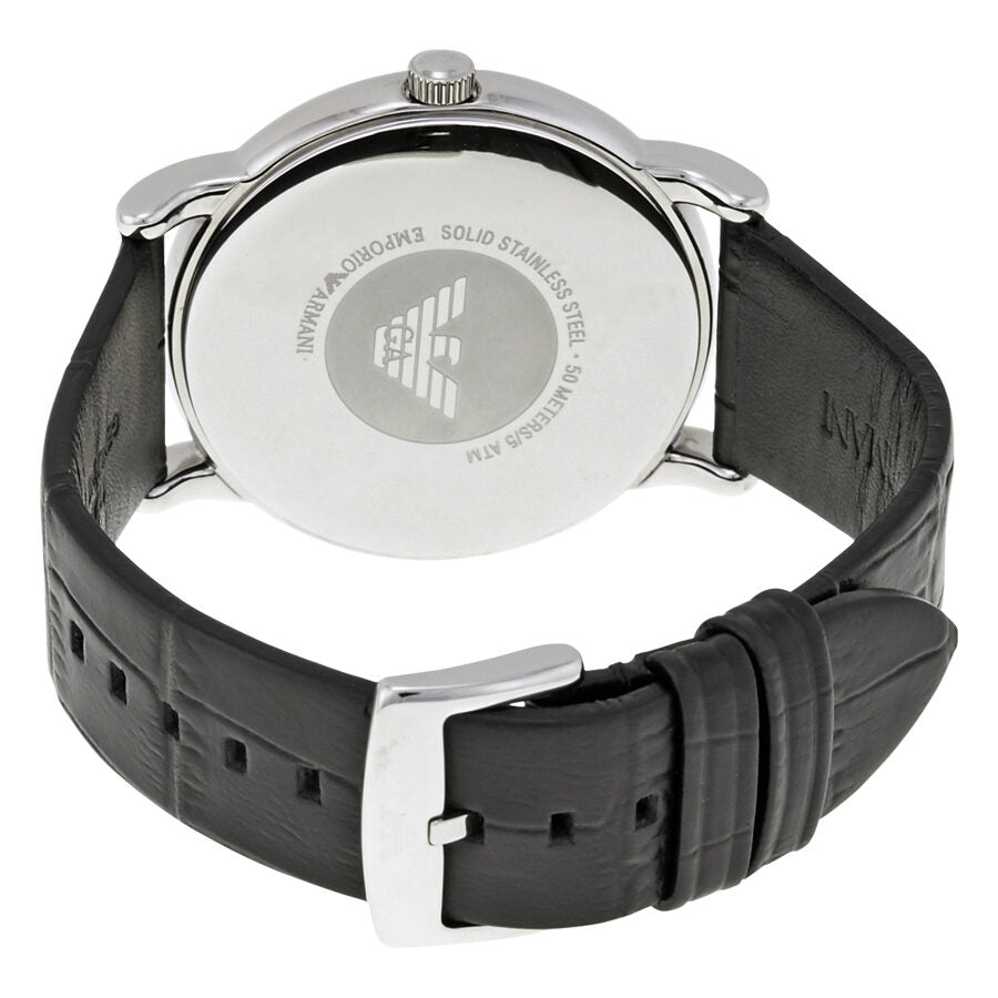 Emporio Armani Luigi watch caseback showing stainless steel with engraved eagle logo